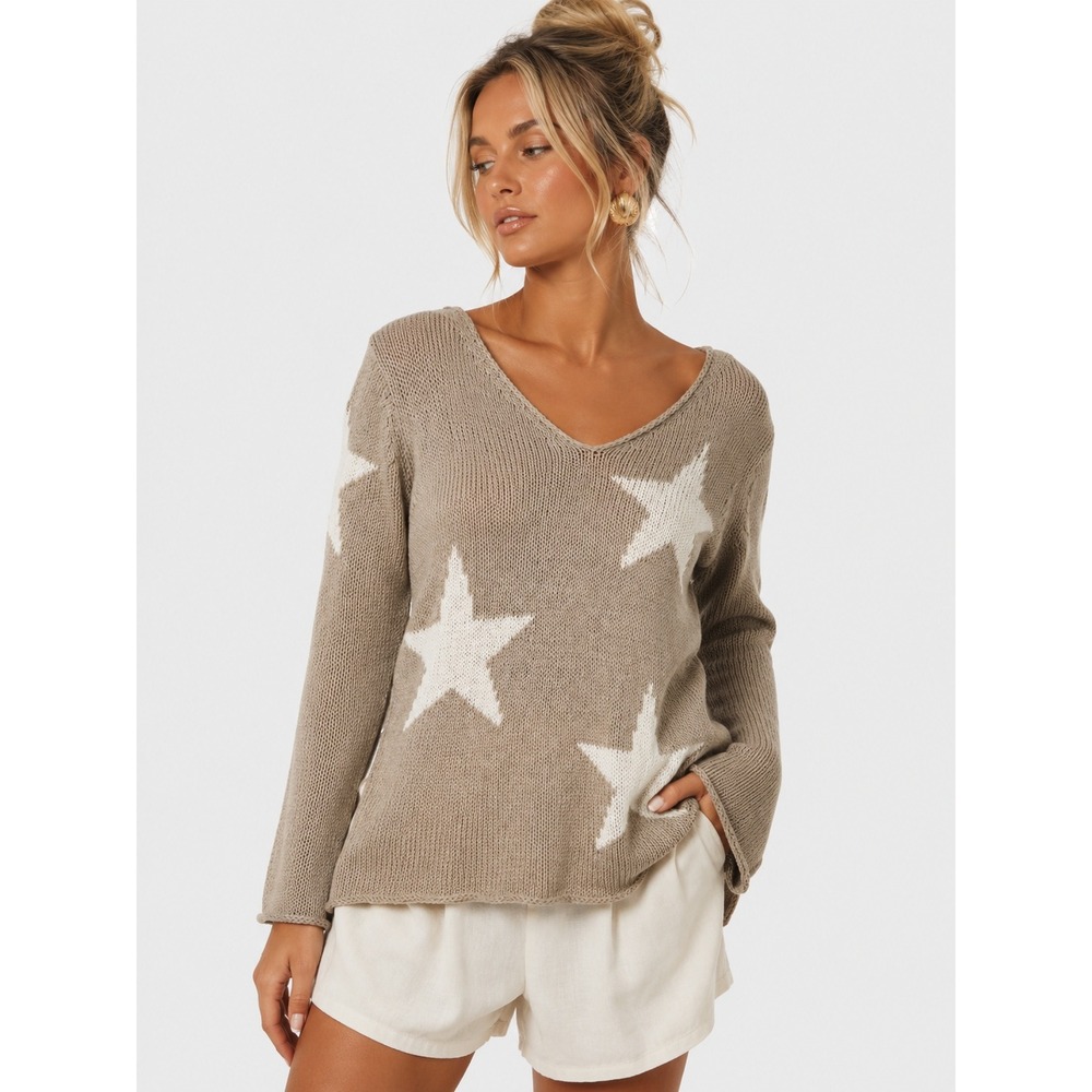 Wooden Ships Star V-Neck Sweater Tan Beige White Cotton Blend Knit Pullover XS S